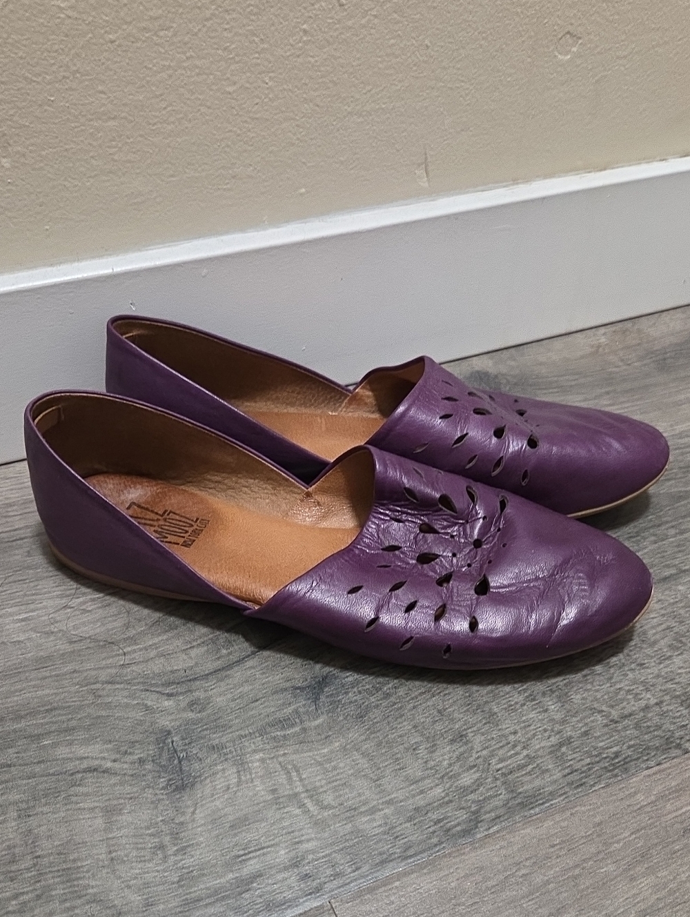 Miz Mooz Purple Leather Slip-On Loafers with Laser Cut Detail